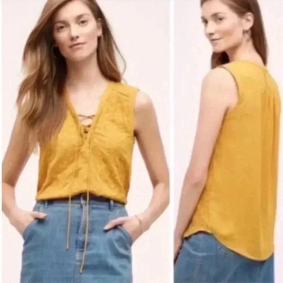 Anthropologie Maeve Mustard Embroidered Tank Top - Picture 2 of 7